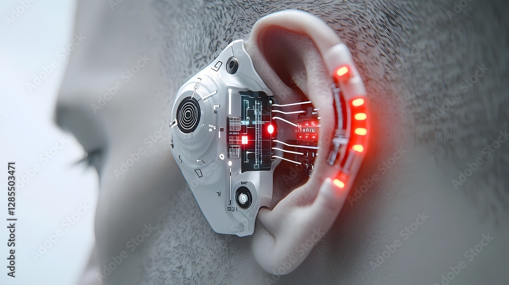 Aufkleber a close up detailed view of a cyborg s ear featuring advanced communication implants and miniature a