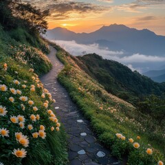 Scenic sunset over a flower-lined mountain path.