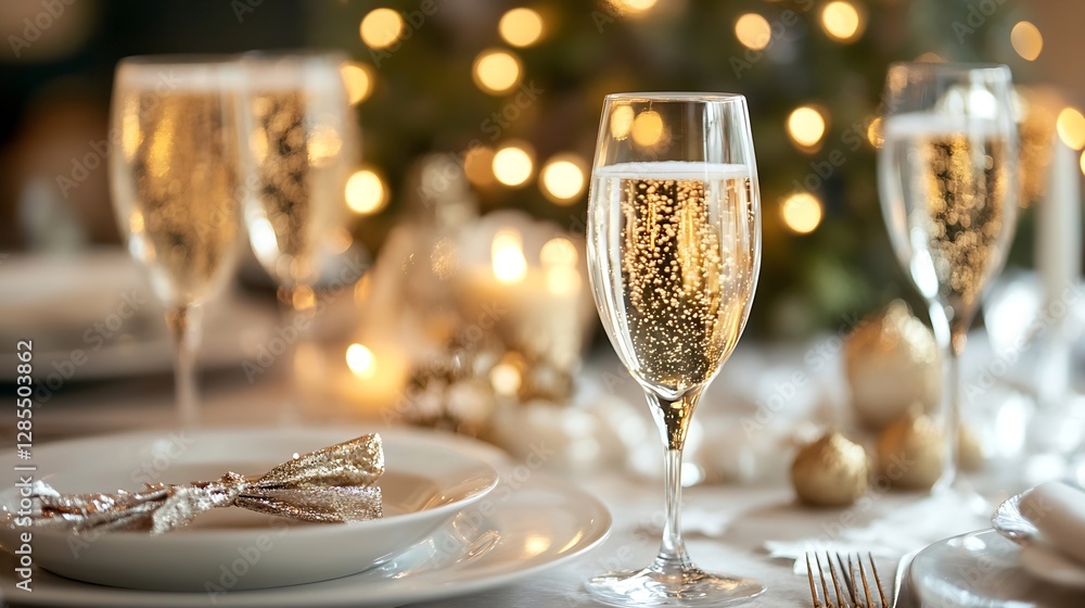 Poster elegant champagne toast at a festively decorated table with twinkling lights : generative ai