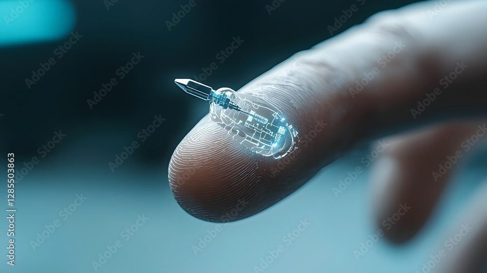 Poster A close up view of a cyborg s finger with an integrated micro tool or device emerging from beneath the surface