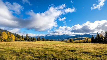 Stunning Autumn Landscape with Blue Sky and Mountains in the Background : Generative AI