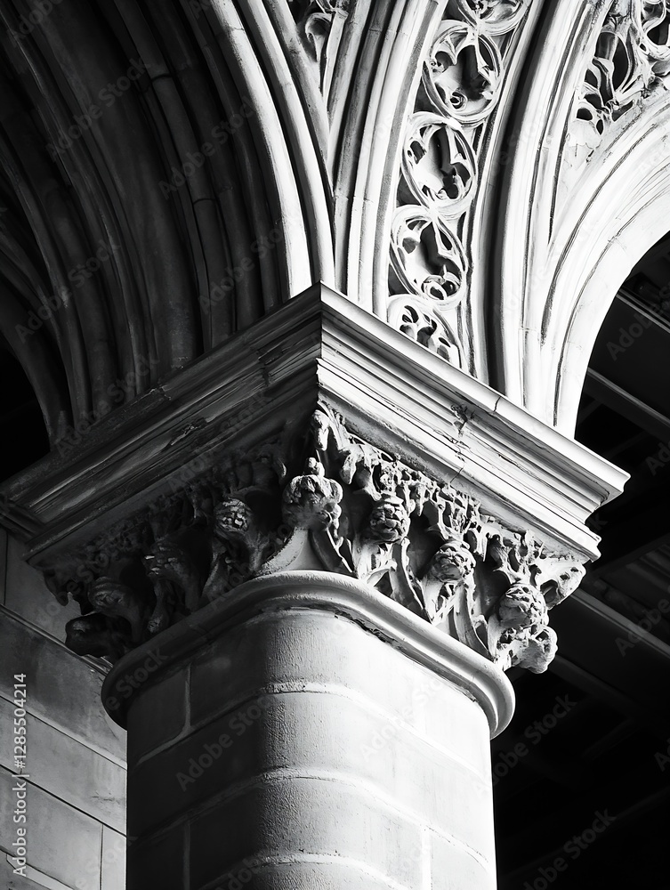 Poster intricate details of a historic stone column in black and white : generative ai