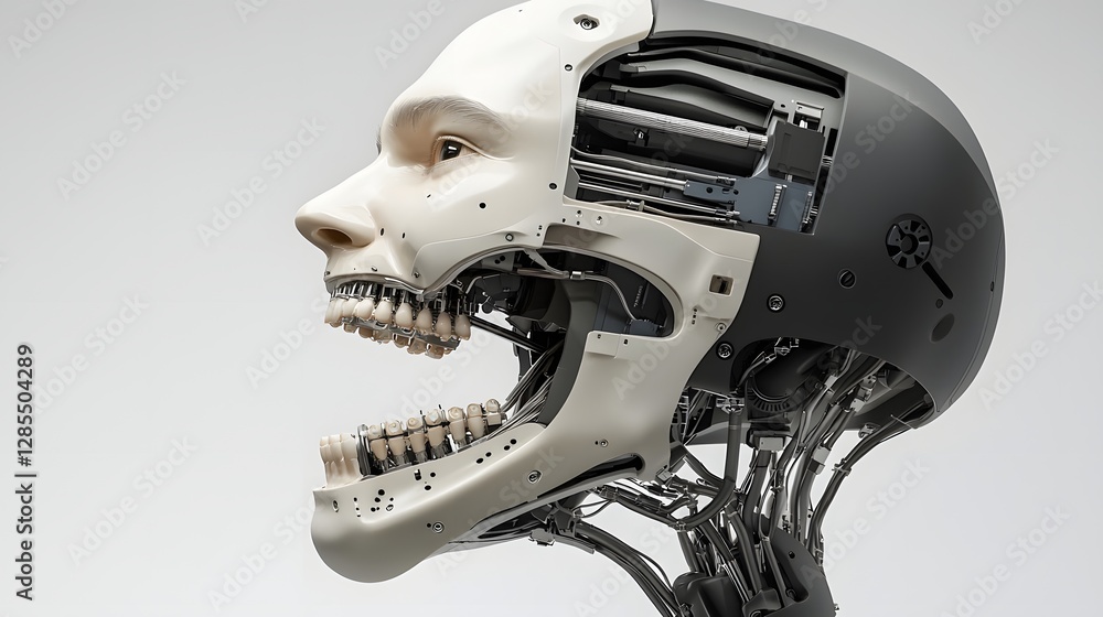 Poster a close up view of a cyborg s partially open jaw exposing the intricate mechanical actuators that co