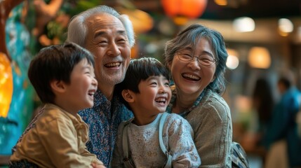 Fototapeta premium Asian family travel selfie. Happy Multigenerational Asian Family Laughing Together Indoors