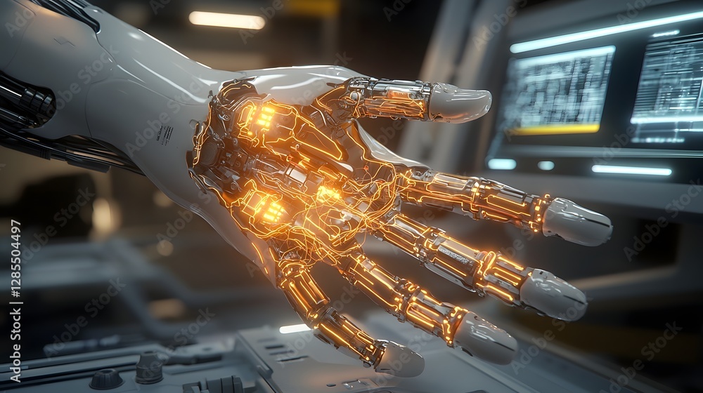 Leinwandbilder a close up view showcasing the intricate mechanical structure and glowing circuits of a cyborg hand
