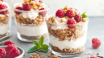 Delicious Raspberry Parfait with Crunchy Granola and Fresh Mint Leaves : Generative AI