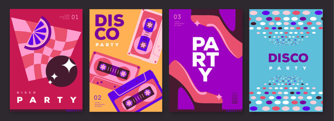 Set of retro disco party posters, covers or banners with disco ball. Disco background. Flat design. Vector illustration