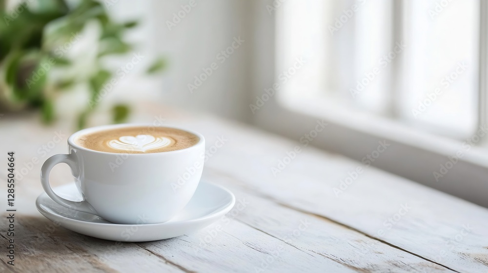 Poster delicious latte art in a white cup placed on a rustic wooden table in bright room : generative ai