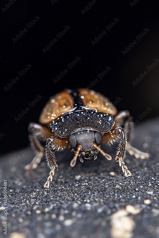 Poster Macro shot capturing the intricate details of a shiny beetle on a dark surface : Generative AI