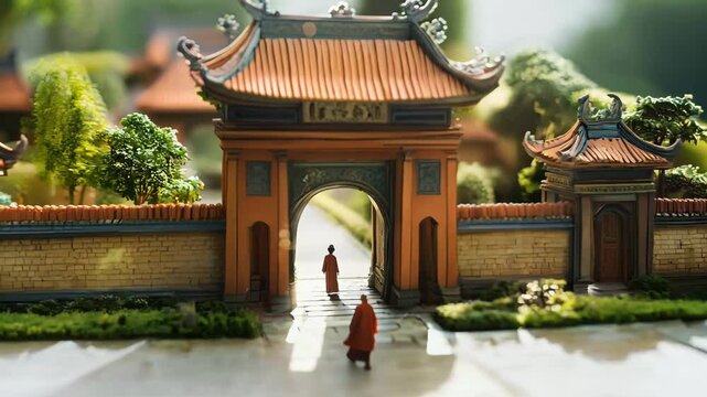 A detailed miniature model of an ancient Asian temple complex, showcasing traditional pagoda-style architecture, intricate gates, and lush gardens. Tiny figurines add a sense of historical realism 