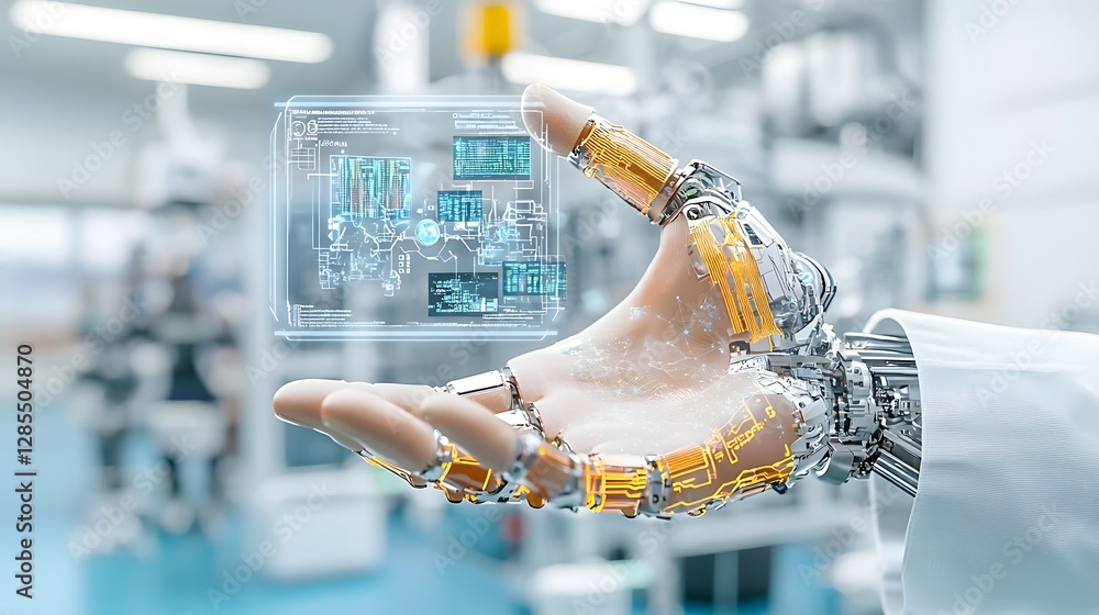 Fototapete a detailed close up shot of a cyborg or robotic hand holding a holographic data display showcasing t