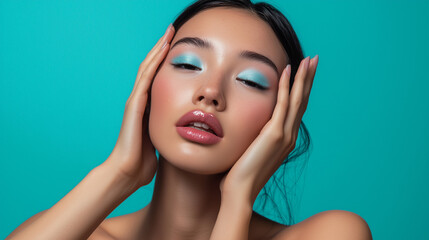 Close-up portrait of a beautiful young woman with delicate makeup, showcasing her radiant complexion and captivating eyes. A mesmerizing image that exudes elegance and allure.