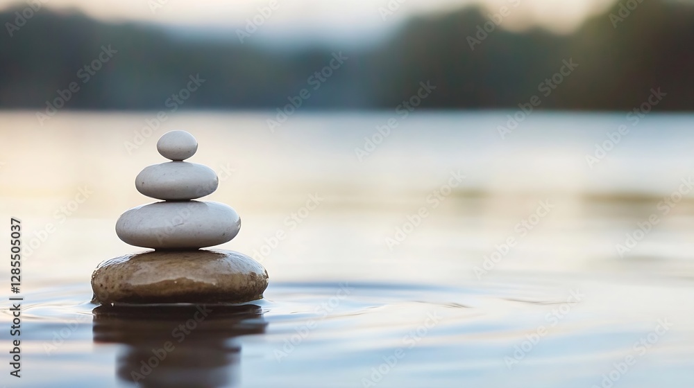 Poster Tranquil stacked stones on water creating a calming scene for relaxation and meditation : Generative AI