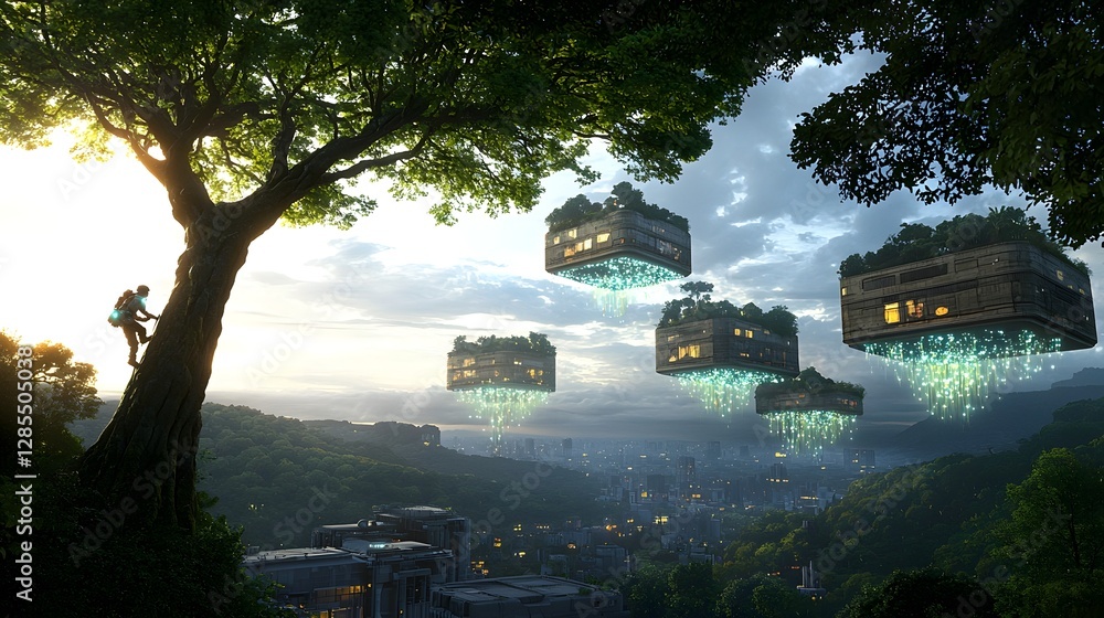 Aufkleber A futuristic adventurer scaling a towering skyscraper sized tree in a lush bioluminescent floating jungle with glowing flora illuminating the serene twilight atmosphere