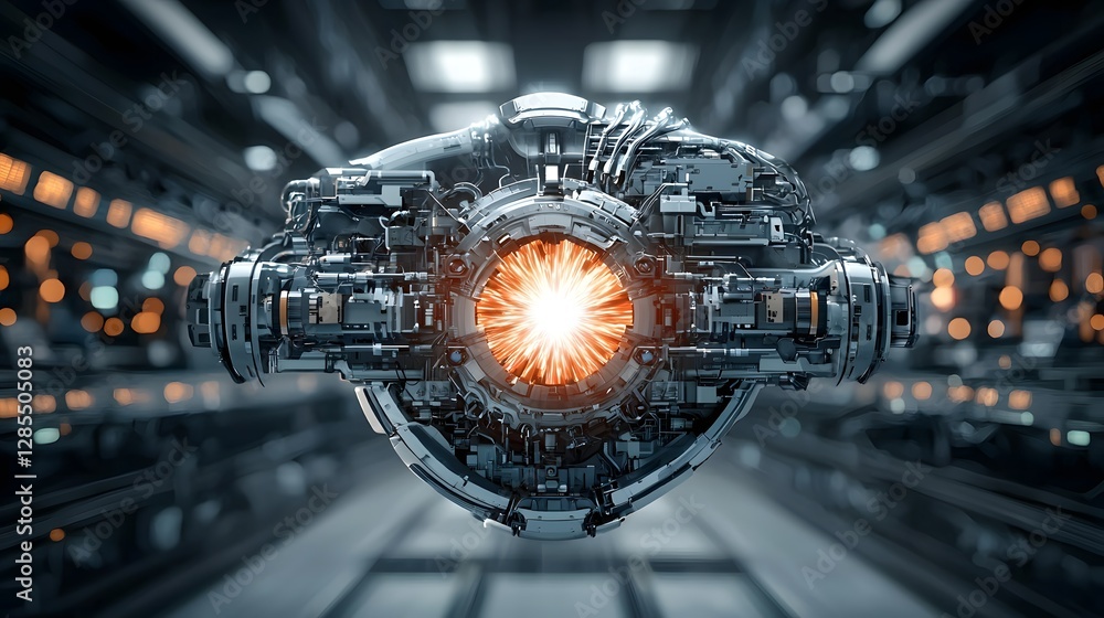 Poster A futuristic depiction of a cyborg s chest plate opening to reveal a pulsating fusion energy core showcasing advanced technological concepts and science fiction design elements