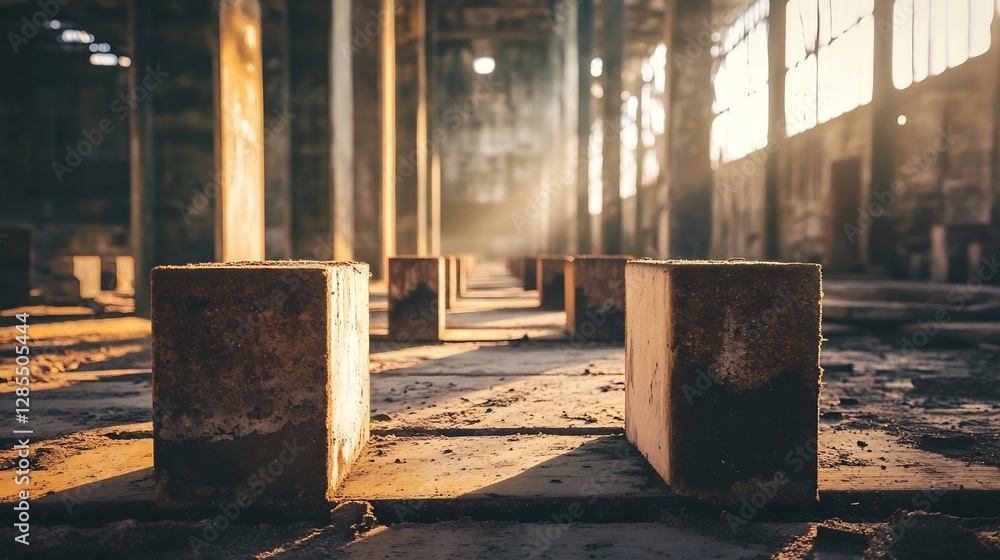 Poster Sunlit Interior of an Abandoned Factory Showing Dusty Concrete Blocks in the Morning Light : Generative AI