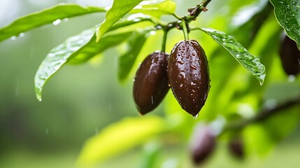 Ripening Cocoa Fruit on a Tree with Raindrops on Leaves : Generative AI
