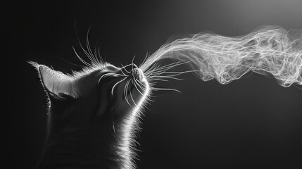   A photo of a cat with its back to the camera, looking up at smoke coming from behind it