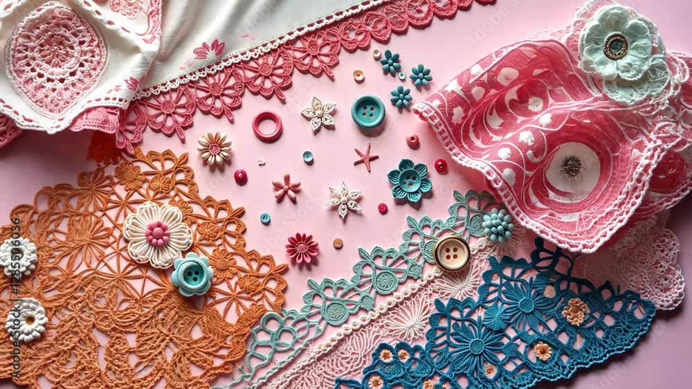 Poster a pink, orange, and blue piece of fabric with buttons and flowers on it. the buttons are in differen