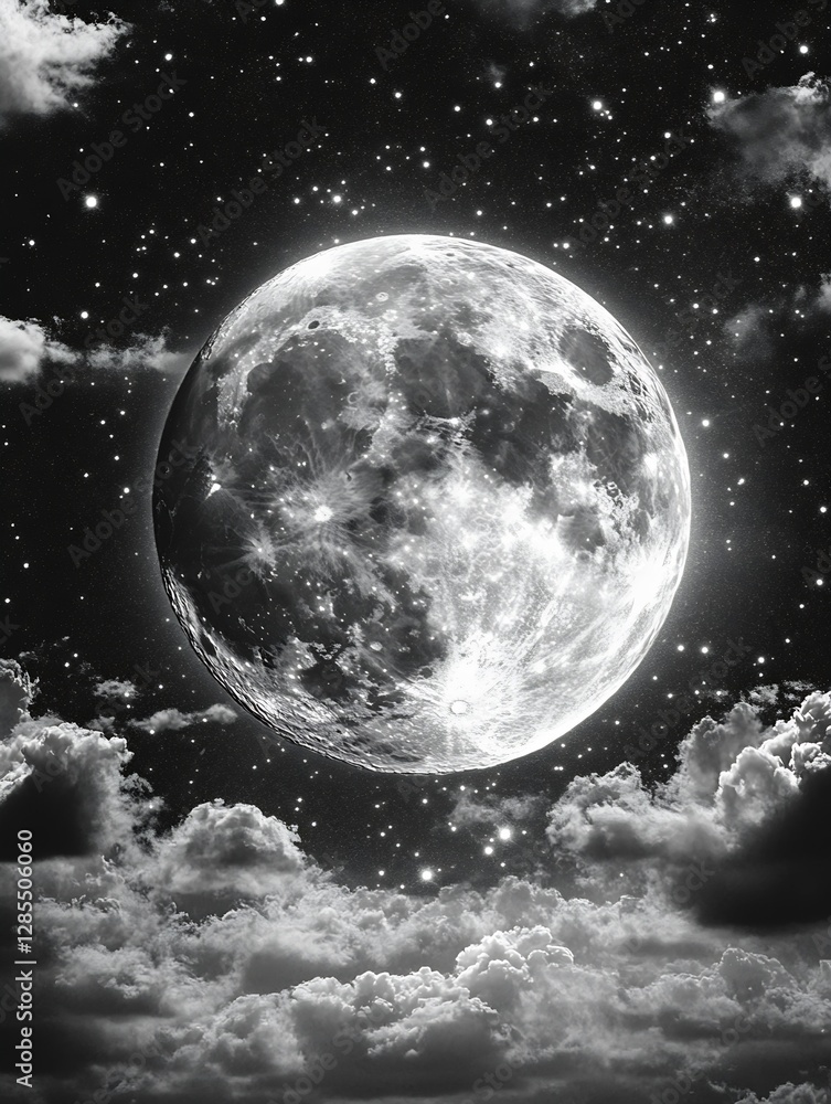 Poster moonlit night sky with an enormous full moon surrounded by stars and cloudy atmosphere : generative 
