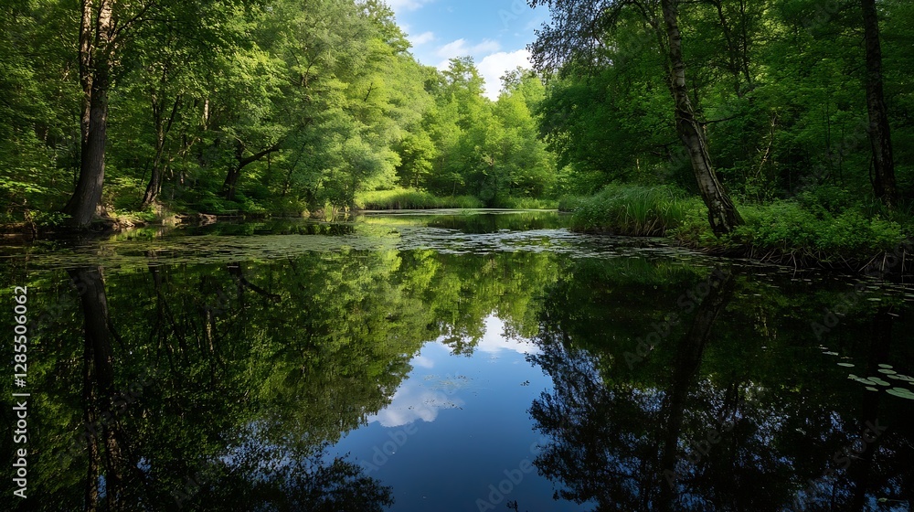 Poster serene nature reflection in calm waters surrounded by lush green trees and clear sky : generative ai