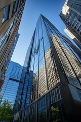 Naklejka premium Reflective Glass Facade of Modern Skyscrapers Surrounded by Clear Blue Sky and Urban Landscape : Generative AI