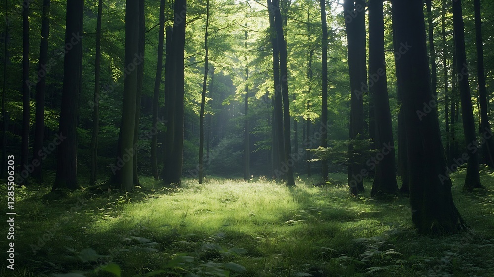 Poster Sunlight Streaming Through Lush Green Trees in a Tranquil Forest Environment : Generative AI