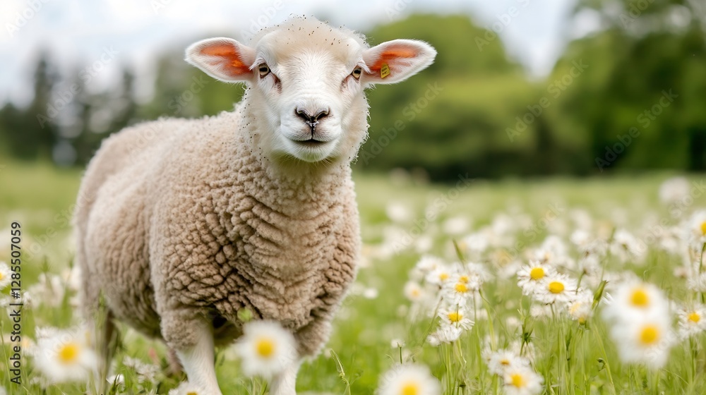 Poster cute sheep grazing in a flower field under a bright blue sky with green trees : generative ai