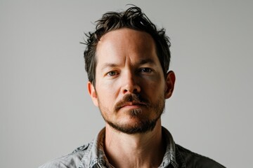 Naklejka premium Portrait of a handsome man with a beard and mustache on a gray background