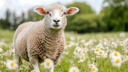 Fototapeta premium Cute Sheep Grazing in a Flower Field Under a Bright Blue Sky with Green Trees : Generative AI