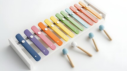 Naklejka premium A photo of a colorful xylophone with vibrant wooden bars and mallets resting on a clean white surface showcasing the musical instrument s versatility and potential for creativity education