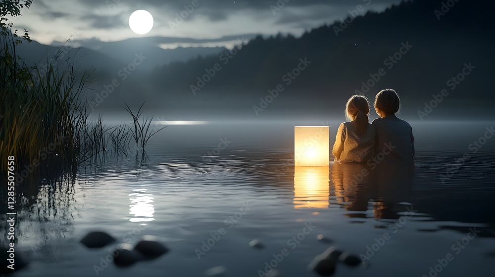 Aufkleber a peaceful riverside night scene depicting a mother and daughter silently gazing in awe at the seren