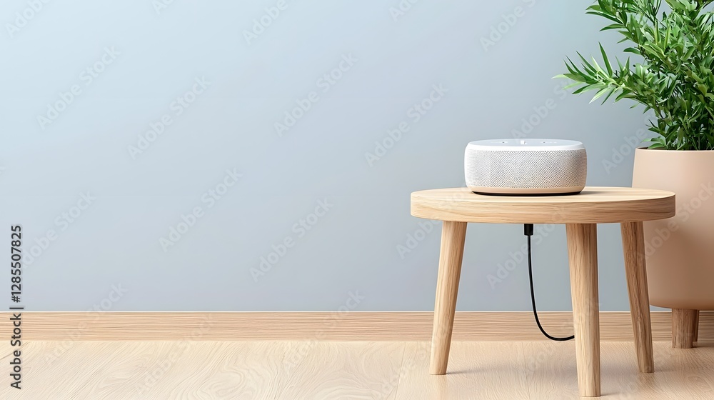 Poster a photo of a smart home assistant device charging via a usb cable placed on a wooden side table