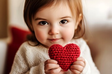Innocent face cute toddler girl with small knitted heart in hands. Valentine's day greeting and funny gift. Cute baby love. Red and gold theme. Cute baby. Happy toddler valentine. Kid in lo.