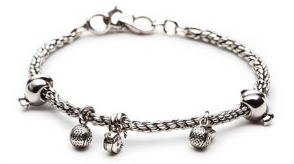 Fototapeta premium A silver bracelet with charms, clean white background, transparent isolate