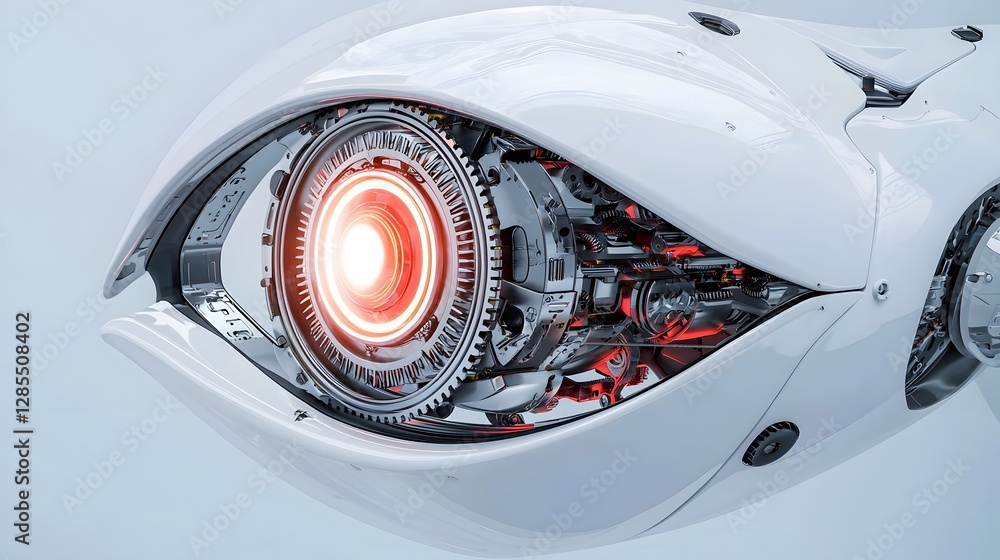Poster a photo showcasing the intricate details of a cyborg eye with exposed gears and a rotating that emit