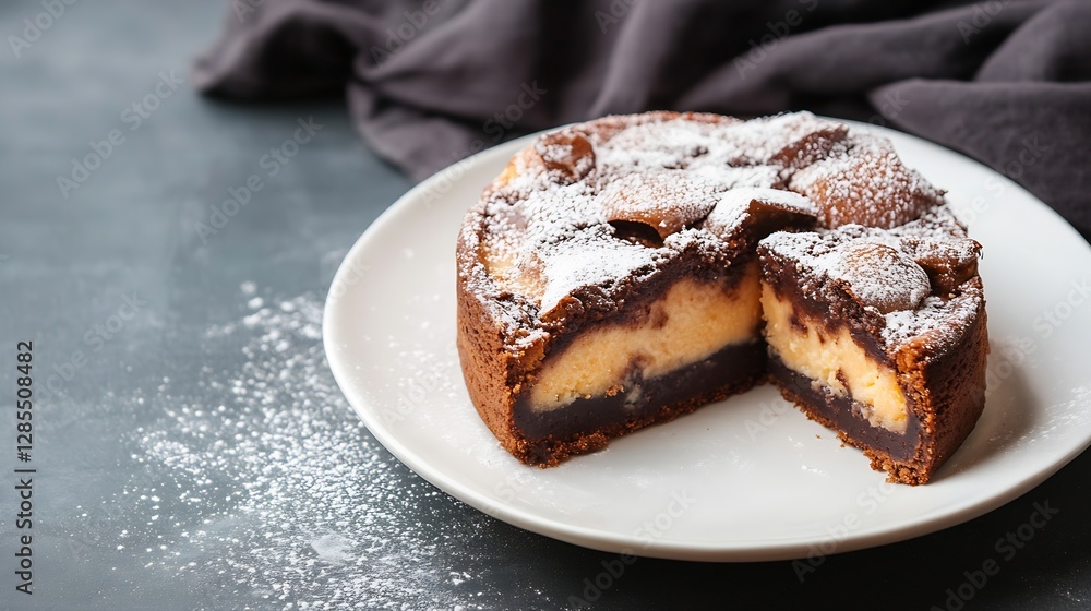 Poster delicious chocolate cake sliced on a white plate with dusting of powdered sugar : generative ai
