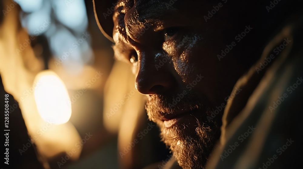 Poster close up of a pensive man under warm light highlighting emotion and introspection : generative ai