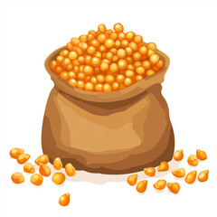 Open brown sack filled with bright orange popcorn kernels, with some spilling out, ideal for food and farm-themed designs