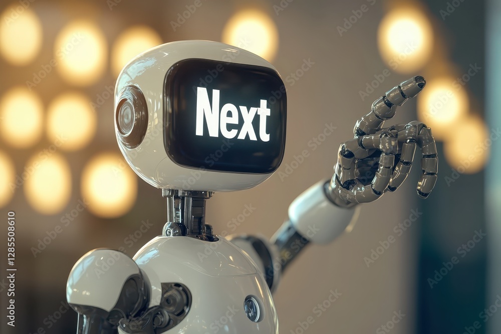 Poster robot displays instruction to proceed to the next step with illuminated message in modern environmen