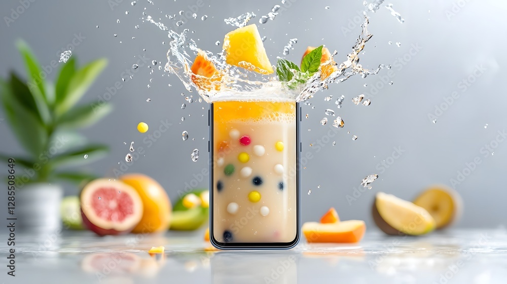 Aufkleber a refreshing and visually appealing bubble tea with colorful tapioca pearls floating splashing again