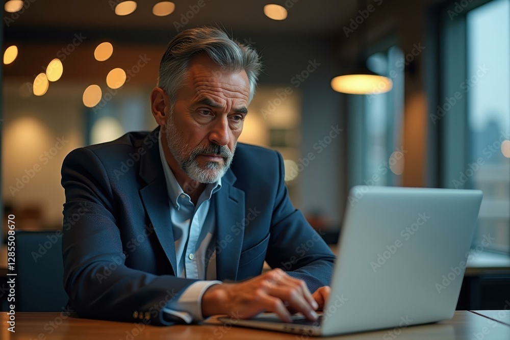 Poster man is sitting at table with laptop computer