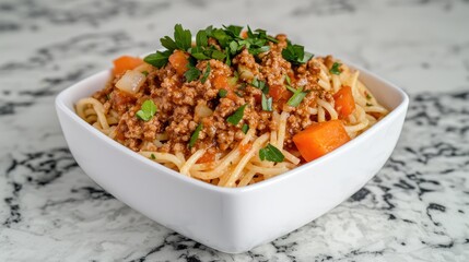 Delicious Spaghetti with Meat Sauce in White Bowl on Marble
