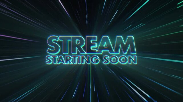 Live stream starting soon. Glowing text over a galaxy background. Streaming and broadcasting social media design element. Gamers, live, play game.
