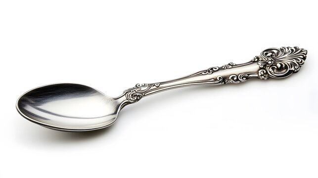 A silver spoon with ornate handle, clean white background, transparent isolate