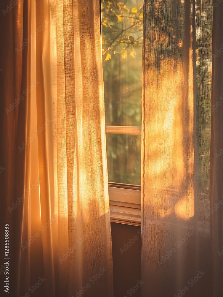 Poster Sunlight streaming through sheer curtains creating warm and inviting atmosphere : Generative AI