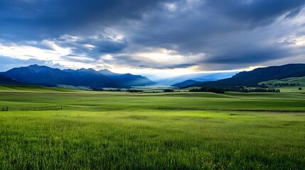 Fototapeta premium Stunning Panoramic View of Lush Green Fields Under Dramatic Cloudy Sky : Generative AI