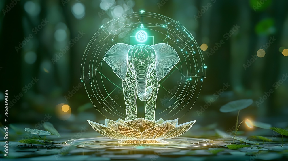 Poster a surreal paper cut elephant sculpture standing on a lotus pedestal adorned with intricate deity ins
