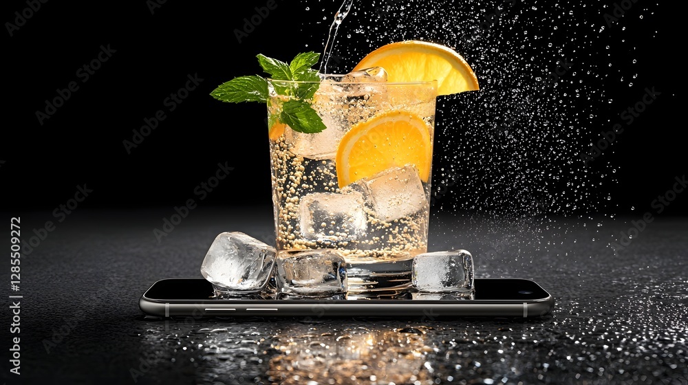 Poster A visually striking image of a refreshing cocktail pouring out from a smartphone surrounded by vibrant citrus slices ice cubes and suspended bubbles creating a modern and captivating scene