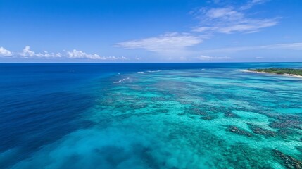 Fototapeta premium Aerial view of a breathtaking turquoise ocean with coral reefs and sandy beaches under a clear sky : Generative AI